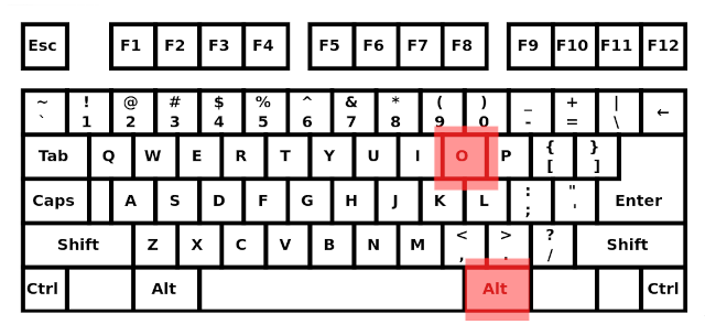 qwerty keyboard with altgr + o key highlighted in red
