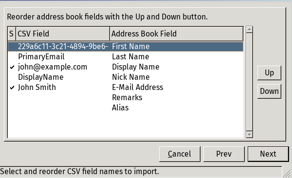 Screenshot of Sylpheed's import dialog, with CSV fields "john@example.com"
and "John Smith" selected, and corresponding to Address Book Fields "Display
Name" and "E-Mail Address"'