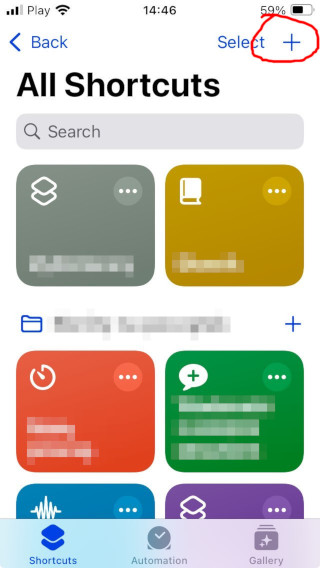 screenshot of an iPhone screen, showing the Shortcuts application home screen