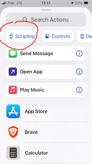 screenshot of Shortcuts app with 'scripting' tab highlighted