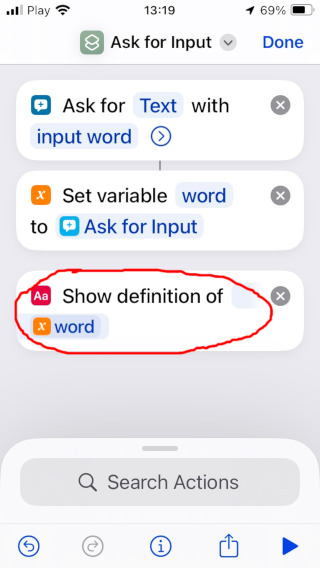 screenshot of script step: "Show definiton of `word`" 