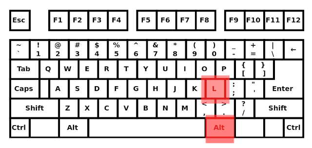 qwerty keyboard with altgr + l key highlighted in red