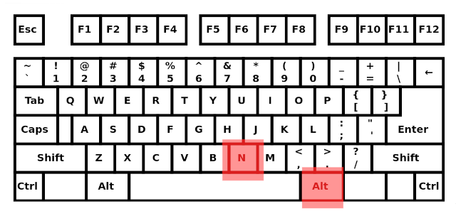 qwerty keyboard with altgr + polish n key highlighted in red
